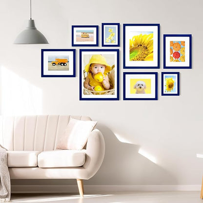 KINLINK 11x14 Picture Frame Navy, Solid Wood Frames with Acrylic Plexiglass for Pictures 5x7/8x10 with Mat or 11x14 without Mat, Tabletop and Wall Mounting Display, Set of 4