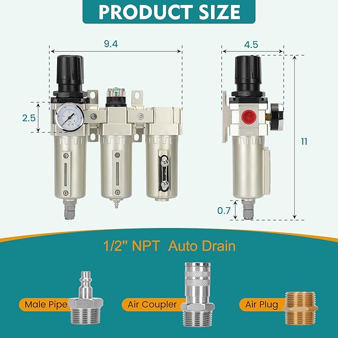 1/2" NPT Industrial Air Dryer for Compressor,3 Stage Air Compressor Water Separator System,Filter Oil Water Separator Dryer for Plasma Cutter and Paint Spray,Auto Drain