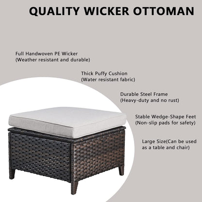 Rilyson Luxury Outdoor Wicker Patio Ottomans Set of 2, 250 lbs Capacity Rattan Large Ottomans for Patio Footrest Set 22.8in*22.8in*14in with 3.5in Thick Cushion (Brown/Beige)