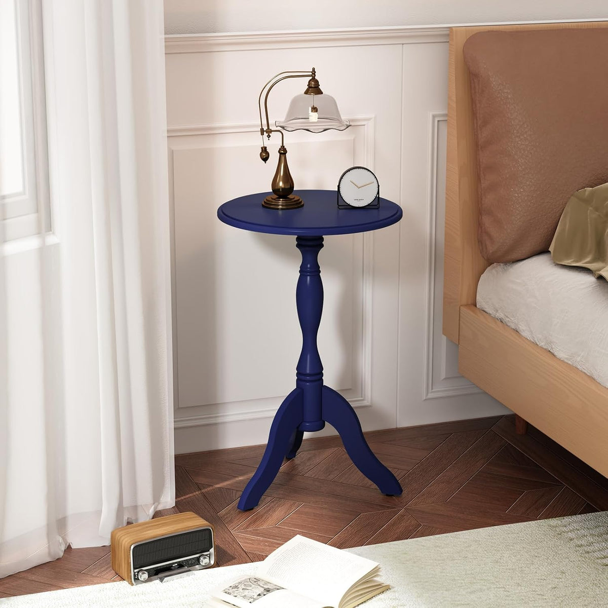 HLR Round Small End Table, Wooden Pedestal Side Coffee Tables, Vintage Accent Nightstand for Living Room, Bedroom, Entryway, Dark Blue