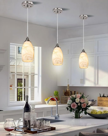 Mini Pendant Lights Kitchen Island Beige Marble Glass Lamp Shade Hand Blown Glass Pendant Light with Brush Nickel Finish Adjustable Cord for Kitchen Over Sink Hallway,Dining Room