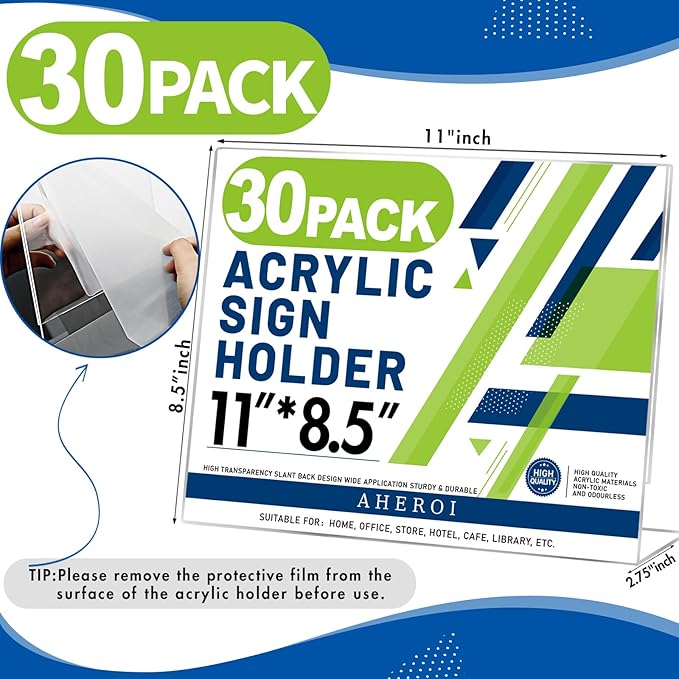 Aheroi 30Pcs Acrylic Sign Holder 8.5 x 11, L-shape Clear Sign Holders, Horizontal L-shape Acrylic Paper Holder, Plastic Table Sign Holders, Plastic Paper Holder Display Standing for Office Home School