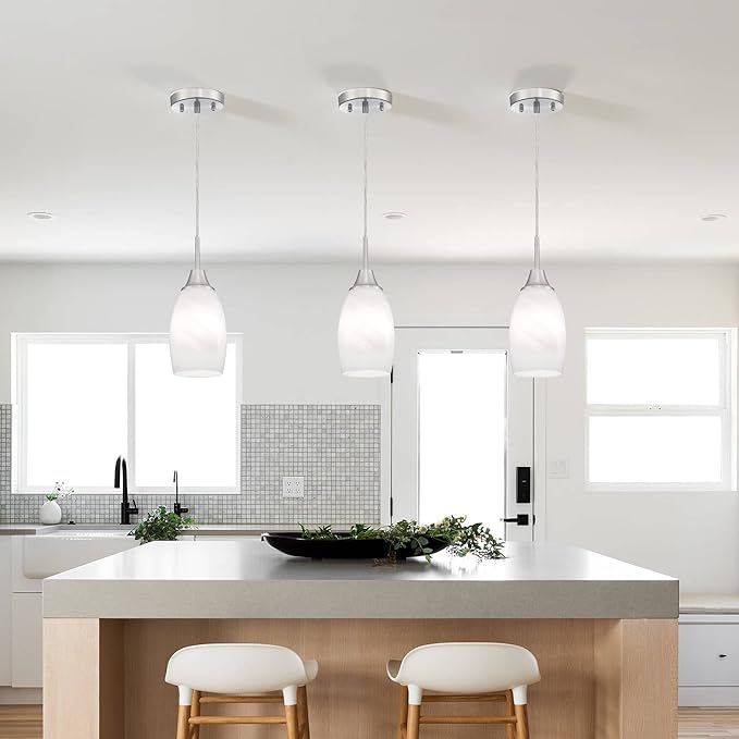 Mini Glass Pendant Light 4.72" White Glass Pendant Lights 3-Pack Handblown White Art Oval Glass Hanging Pendant Light for Kitchen Island Dining Room Living Foyer Hallway Entry
