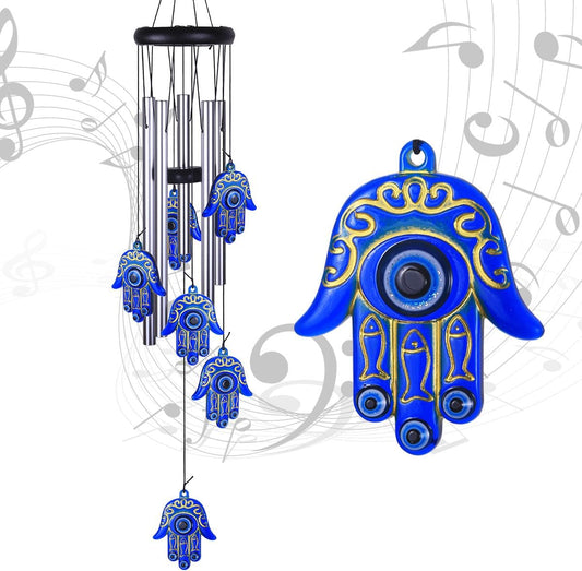 Blue Evil Eye Hamsa Hand Wind Chimes Outdoor Decoration, Hand of Fatima Windcatcher, Evil Eye Wind Bells, Hand of Fatima Blue Evil Eye Amulet Wind Chimes for Home, Gift for Mom, Balcony, Patio, Garden