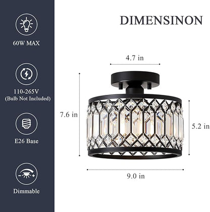 Crystal Black Ceiling Light, Modern Semi Flush Mount Ceiling Lighting Fixture, Round Hallway Lighting Fixtures for Kitchen Entryway Bedroom Laundry Room, 1-Light, 9 Inch