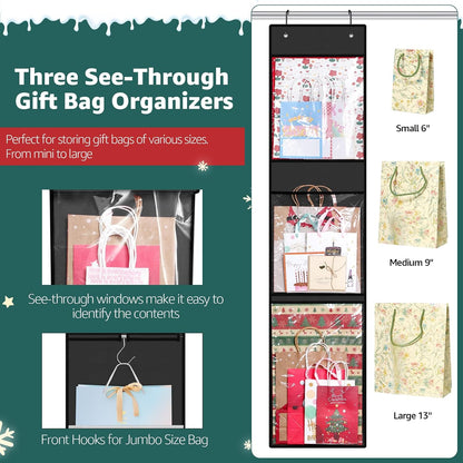 Woodoulogy Wrapping Paper Organizer Storage, Double-Sided Hanging Gift Wrap Roll Holder for Christmas, 63"x13" Over Door Present Bag Container for Room Closet, Black Wrapper Station for Birthday