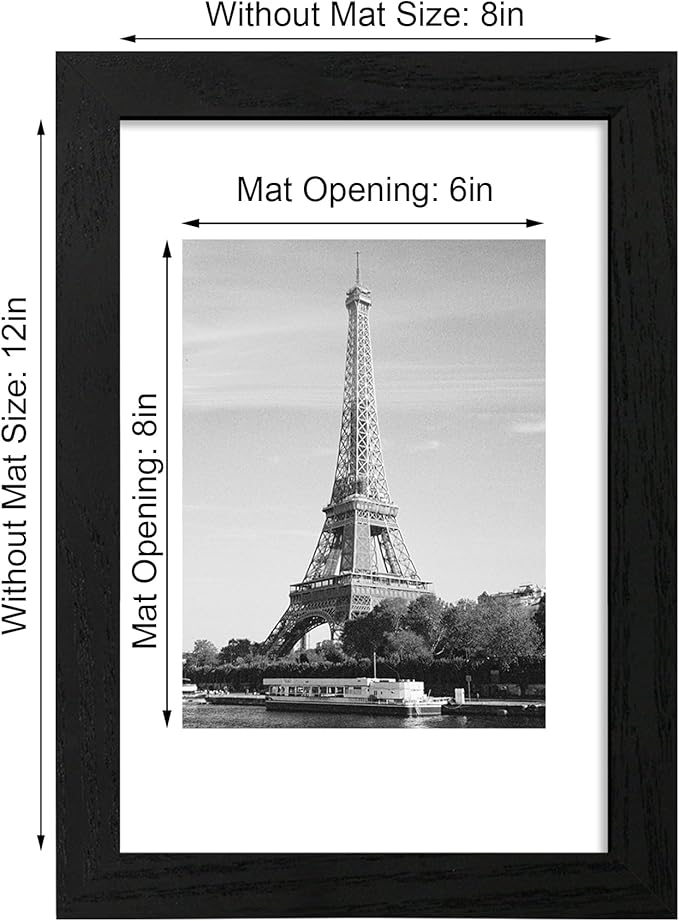 8x12 Picture Frame Set of 4 with HD Glass, Black Frame Display 6x8 Picture with Mat or 8 x 12 Without Mat, Wood Rustic Photo Frame for Tabletop and Wall Mounting