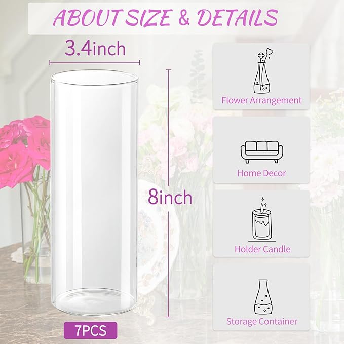 7pcs Glass Cylinder Vases for Centerpieces - 8 Inch Tall Glass Vases for Flower, Clear Flower Vase Bulk Floating Candle Vase for Table Centerpiece Wedding Home Décor