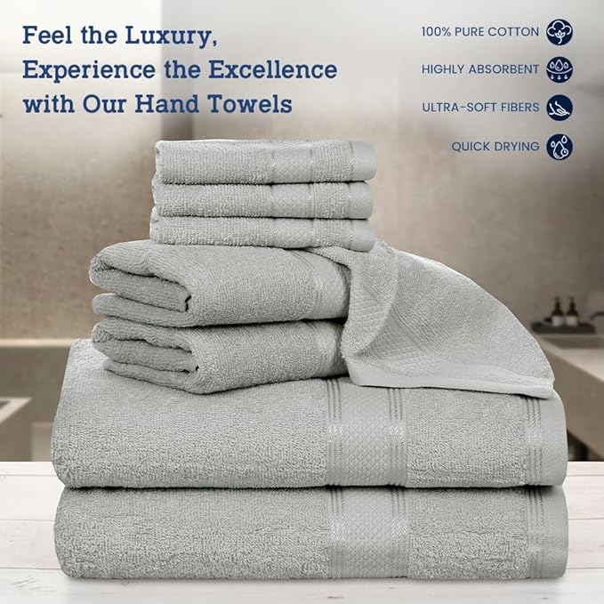 Casa Lino Bath Towel Set of 8 (2 Bath Towels, 4 Wash Cloths & 2 Hand Towels for Bathroom) - 100% Cotton - Highly Absorbent & Quick Dry - Guest Room Essentials for Bathroom Set - (Silver Grey)