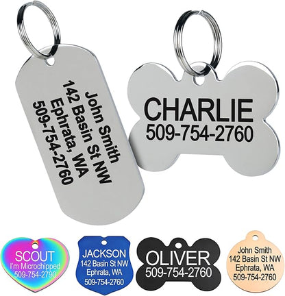 GoTags Stainless Steel Pet ID Tags, Personalized Dog Tags and Cat Tags, up to 8 Lines of Custom Text, Engraved on Both Sides, in Bone, Round, Heart, Bowtie and More (Rectangle, Regular (Pack of 1))