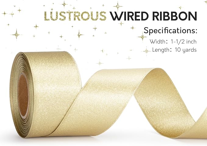 Gold Satin Wired Ribbon 1-1/2 Inch Double-Faced Glitter Ribbons for Wreath, Christmas Tree Decoration, Gift Wrapping, Home Decor 10 Yards