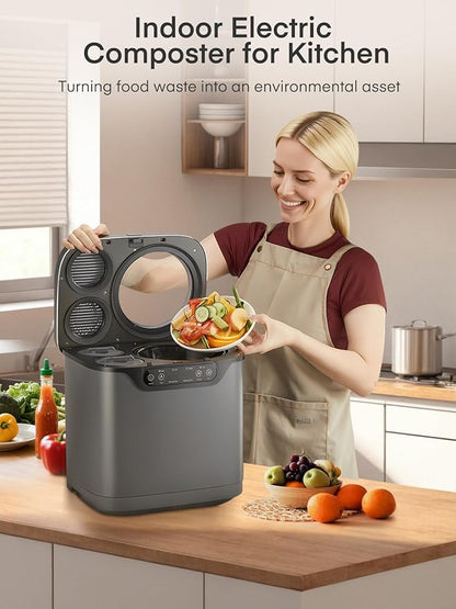 Electric Composter for Kitchen 4L, Countertop Compost Bin Indoor with Visible Window, LED Display, Auto-Clean, Carbon Filter, Odorless, Low Noise, Turns Waste into Natural Fertilizer