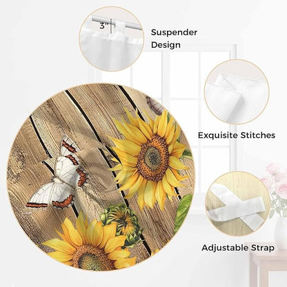 Farmhouse Sunflowers Kitchen Curtains 45 Inch Length, Short Cafe Window Curtains Tab Top, Rustic Floral Buttterfly Wood Board Brown Light Filtering Window Treatments Tier Drapes 27.5"x45" 2 Panel