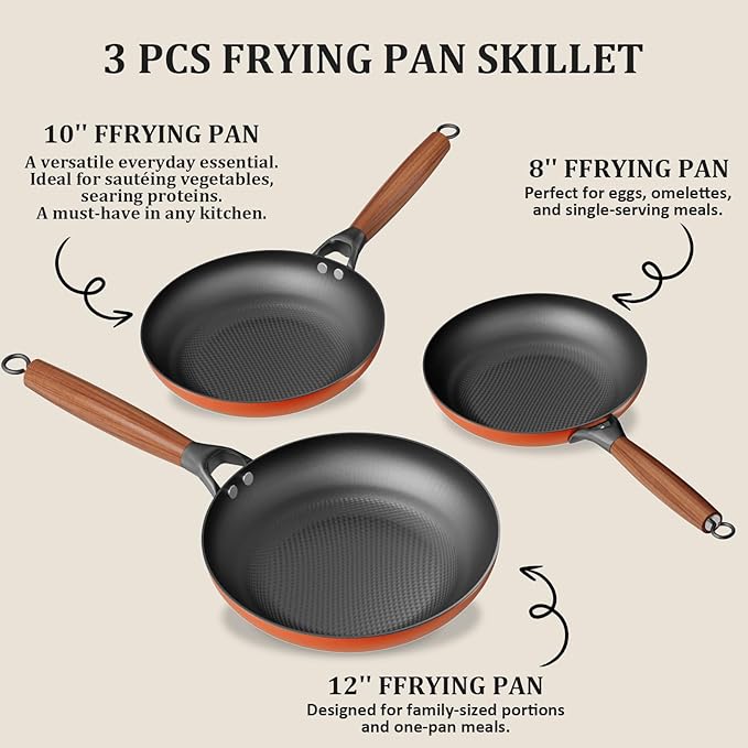 YUTANN Nonstick Frying Pan Set, 8" 10" 12" Ceramic Frying Pans, Pre-seasoned Cast Iron Pan Cookware Set with Removable Handle, Dishwasher Safe, Free of PFAS & PFOA, Compatible with All Stovetops