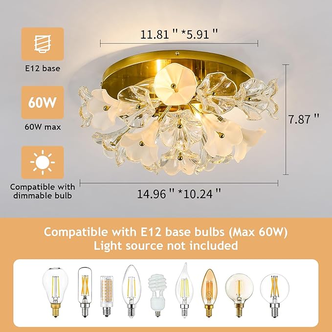 2-Light Modern Glass Flush Mount Ceiling Light Fixture Vintage Gold Chandelier Metal E12 Ceiling Lamp for Farmhouse Hallway Bedroom Kitchen Living Room Closet