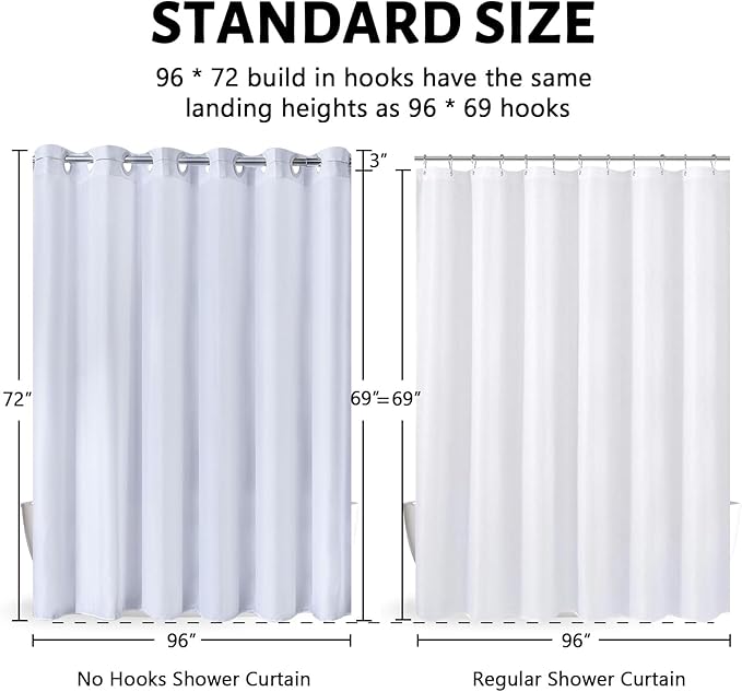 Extra Wide No Hook Shower Curtain,96 Inch Width White Fabric Shower Curtains with 12 Plastic Built-in Hooks,Waterproof & Machine Washable Hotel Style for Bathroom,96x72 Inch