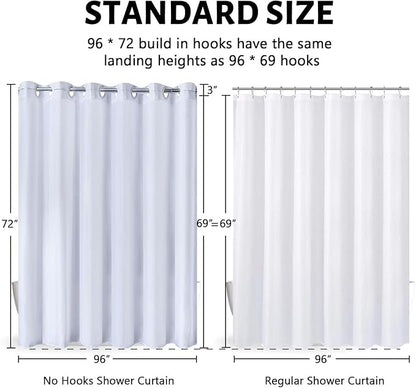 Extra Wide No Hook Shower Curtain,96 Inch Width White Fabric Shower Curtains with 12 Plastic Built-in Hooks,Waterproof & Machine Washable Hotel Style for Bathroom,96x72 Inch