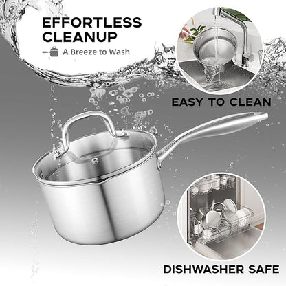 Leetaltree 1.5 Quart Stainless Steel Saucepan with Glass Strainer Lid, Thicken Tri-ply Ful Body, Multipurpose Sauce Pot with Two-Size Drainage Holes Lid, Perfect For Boiling Gravies, Pasta, Noodles