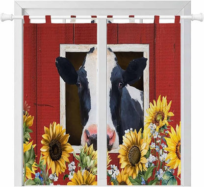 Cow Sunflowers Living Room Curtains 84 Inch Length, Window Curtains Tab Top, Botanical Floral Leaves Bees Farm Barn Light Filtering Window Treatments Drapes 42"x84" 2 Panel