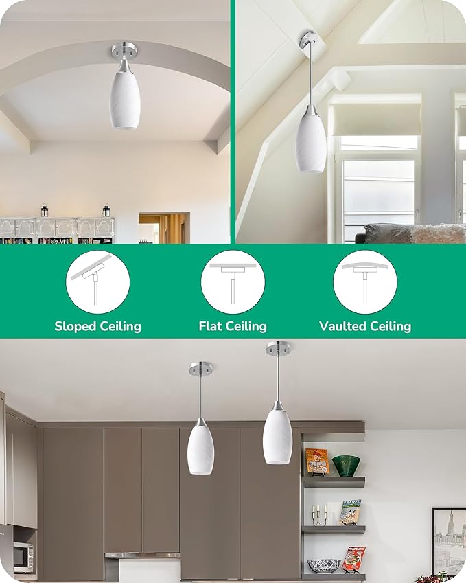 EDISHINE Pendant Light Fixture, Handcrafted Art Glass Hanging Light, Hardwired Ceiling Light, White Marble Glass Shade, Adjustable Brushed Nickel Rods, E26 Base, Pendant Lamp for Kitchen Bathroom Bar