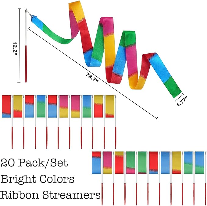 20Pack Rainbow Ribbon Streamers, Dance Ribbon Streamers Wands for Kids Party Supplies Goodie Bag Stuffers, Gymnastics Twirling Ribbon Stick Dance Streamers Party Favors for Kids Adults