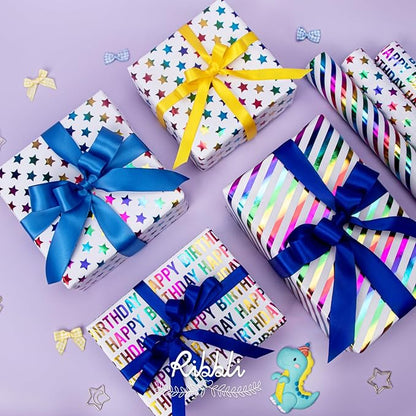 Ribbli Birthday Wrapping Paper 30 Inch Iridescent Gift Wrapping Paper 4 Rolls Happy Birthday Polka Dots Stripes Stars Printed Assortment -120 inch(10feet) Per Roll