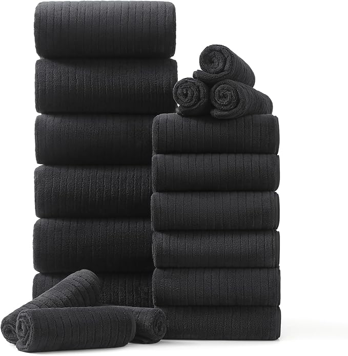 18 Piece Family Bath Towel Set Include 6 Bath Towels,6 Hand Towels and 6 Washcloths Soft Bathroom Towel with Hanging Loops,Highly Absorbent Quick Dry Towels Set for Bathroom,Hotel and Spa-Black