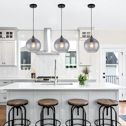 Gray Glass Pendant Lights Kitchen Island Lighting Globe Pendant Light Fixtures Modern Pendant Lighting for Kitchen Island Bedroom Living Dining Room Light Fixture-11.8in