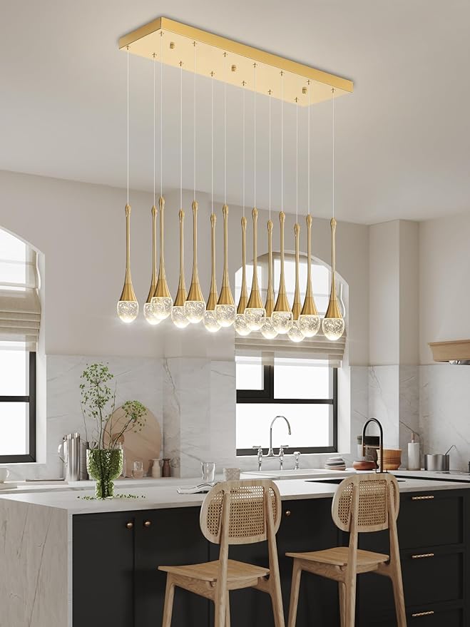 14-Light Modern LED Pendant Lighting Fixture for Kitchen Island Raindrop Crystal Chandelier Gold Chandelier for Dining Room High Ceiling Chandeliers for Staircase Foyer Hallway Villa