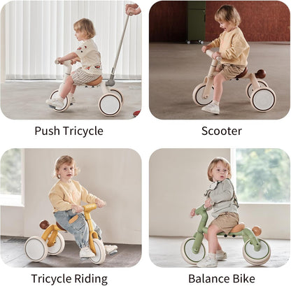 4-in-1 Toddler Tricycle with Adjustable Push Handle for 1-4 Year Old,Birthday Gift and Toy for Boys and Girls Removable Pedals Balance Bike&Scooter (Beige)