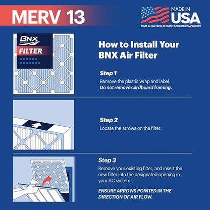 BNX TruFilter 14x20x1 Air Filter MERV 13 (4-Pack) - MADE IN USA - Electrostatic Pleated Air Conditioner HVAC AC Furnace Filters for Allergies, Pollen, Mold, Bacteria, Smoke, Allergen, MPR 1900 FPR 10