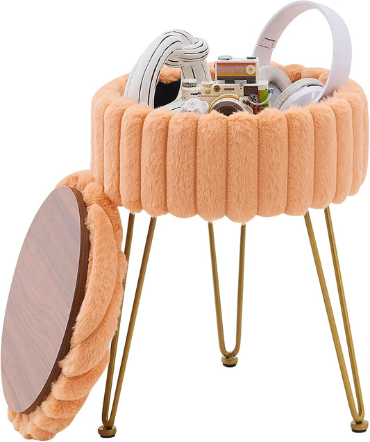 Wimarsbon Vanity Stool with Storage, Faux Fur Ottoman Chair with Metal Legs, Round Makeup Vanity Chair for Bedroom or Dressing Table, Modern Small Ottoman Seat (Orange)