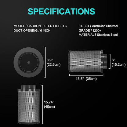 Air Carbon Filter 6 Inch ,Smellines Control Removes 3X More Odors Contaminants. Australian Virgin Charcoal,Carbon Filter for Grow Tent, Hydroponics, Pre-Filter Included (6inch)