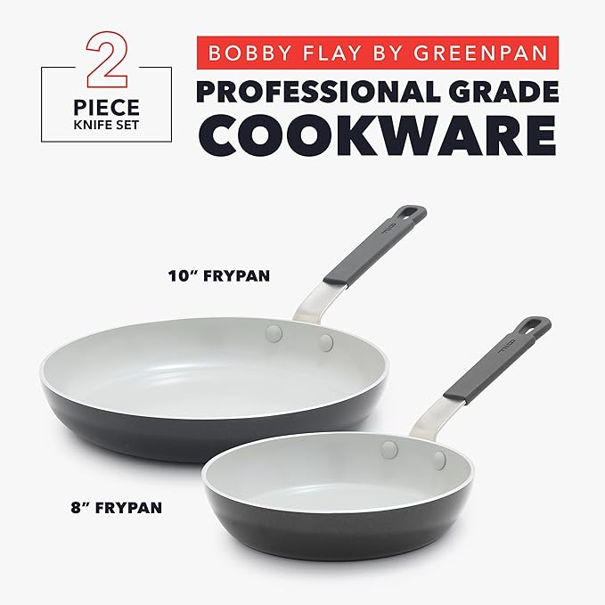 GreenPan x Bobby Flay 2 Piece- 8” and 10” Nonstick Frying Pan Skillet Set, PFAS-Free Diamond Ceramic, Induction Suitable, Stay-Cool Silicone Handle, Easy Clean Dishwasher & Oven Safe, Graphite