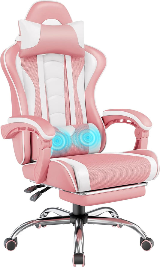 Yaheetech Gaming Chair with Footrest Massage Lumbar Pillow Pink and White | Foam-padded PU leather racing seat and plush headrest recline with a slide-out footrest; metal frame supports up to 300 lb.