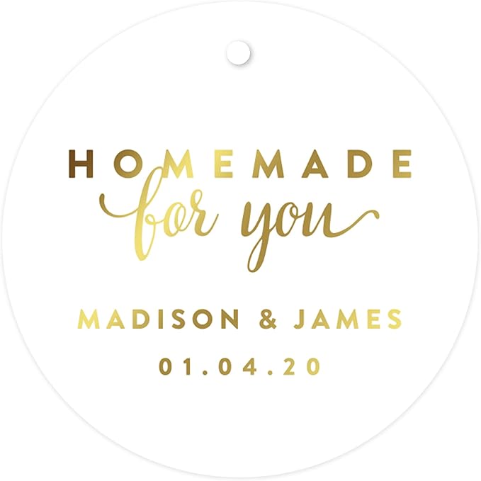 Andaz Press Personalized Round Circle Wedding Gift Tags, Metallic Gold Ink, Homemade for You, 24-Pack, Custom Made Any Name, Gold Party Supplies