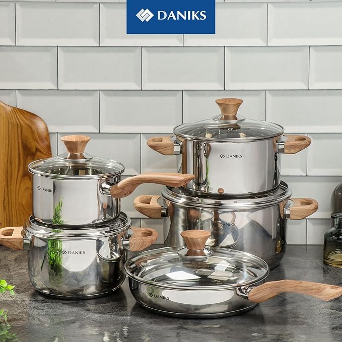 Daniks Oslo 10-Piece Stainless Steel Induction Cookware Set – Dishwasher Safe Saucepan, Frying Pan, Pots with Stay-Cool Handles, Glass Lids, Silver