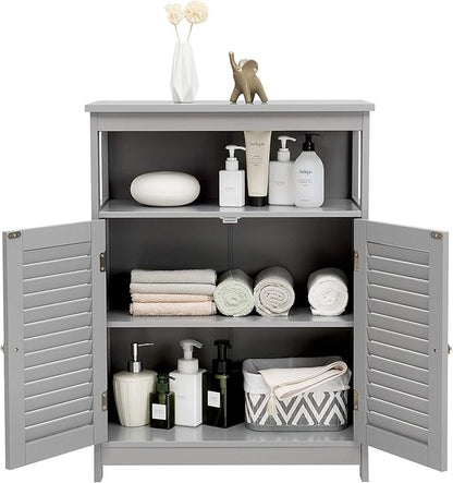 Tangkula Bathroom Floor Cabinet, Wooden Freestanding Storage Cabinet with Double Shutter Door & Adjustable Shelf, Storage Cabinet for Bathroom Living Room (Grey)