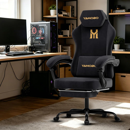 Gaming Chair with Footrest, Game Chair with Lumbar and Headrest Massage Support for Adults, Ergonomic Fabric High Back Computer Desk Gamer Chair with 360°Swivel Wheels for Office, Black