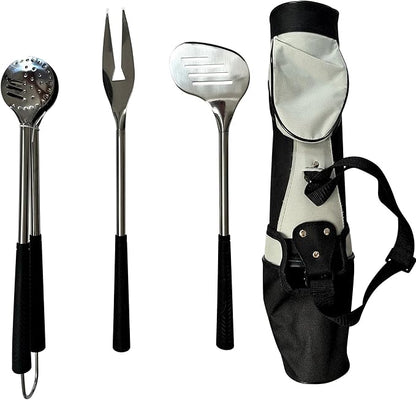 Outset Stainless Steel Golf Club Grill Tool Set, Includes Tool Golf Bag, Spatula, BBQ Fork, and Tongs