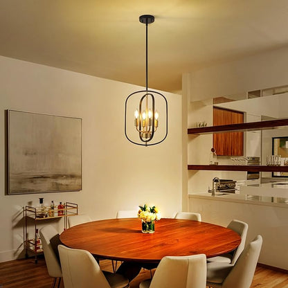 Modern Black and Gold Chandelier for Entryway, 4-Light Small Geometric Dining Room Light Fixture Over Table,Industrial Metal Hanging Pendant Lights for Kitchen Island, Staircase,Foyer