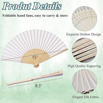 100 Set Personalized Cream Wedding Fans for Guests Bulk, Custom Engraved Summer Wedding Fans, Silk Hand Fans Handheld Folded Fan Baby Shower Favors for Bridal Bridesmaid Gift Church Dancing Party