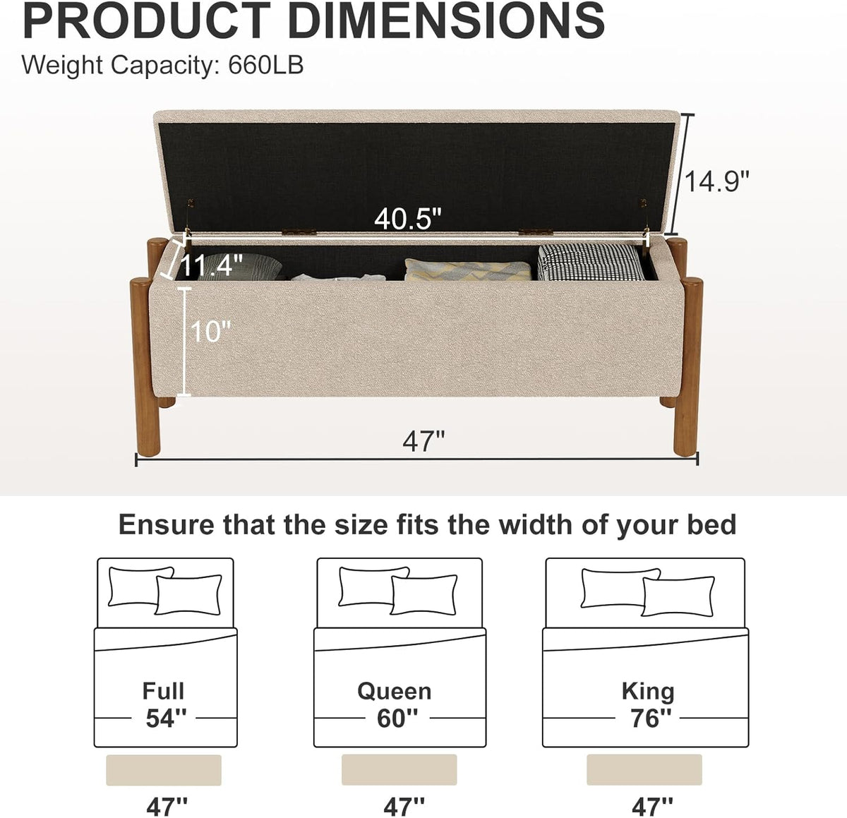 Storage Ottoman Bench, End of Bed Bench for Bedroom, 47" Boucle Upholstered Entryway Shoe Seat Bench, Holds up to 660 lb Storage Ottoman, Padded Blanket Chest Stool Foot Rest for Living Room Beige