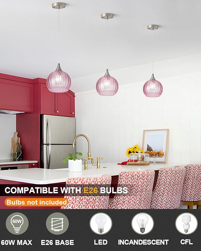 Brushed Nickel Pendant Lights Kitchen Island, Globe Pendant Light Fixtures with 8 Inch Clear Glass Shade, Modern Hanging Light Fixtures for Kitchen, Bedroom (2 Pack - Pink Glass Pendant Light)