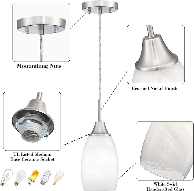 Mini Glass Pendant Light 4.72" White Glass Pendant Lights 3-Pack Handblown White Art Oval Glass Hanging Pendant Light for Kitchen Island Dining Room Living Foyer Hallway Entry