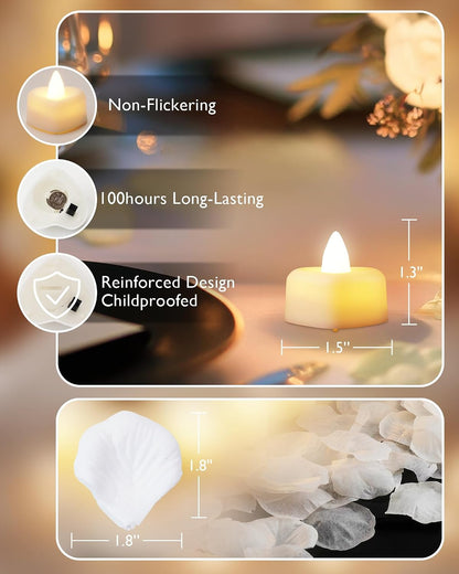 Homemory Rose Petals and Candles Set for Romantic Decorations Special Night, 2000 Pcs White Rose Petals with 24 Pcs LED Heart Candles Lights for Proposal, Anniversary, Birthday, Wedding Decor