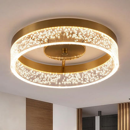Jaycomey Modern LED Ceiling Light Fixture, 11.65" Flush Mount Kitchen Lighting Gold with Clear Seeded Acrylic Lampshade,Round Ceiling Lamp Lights for Hallway Dining Room