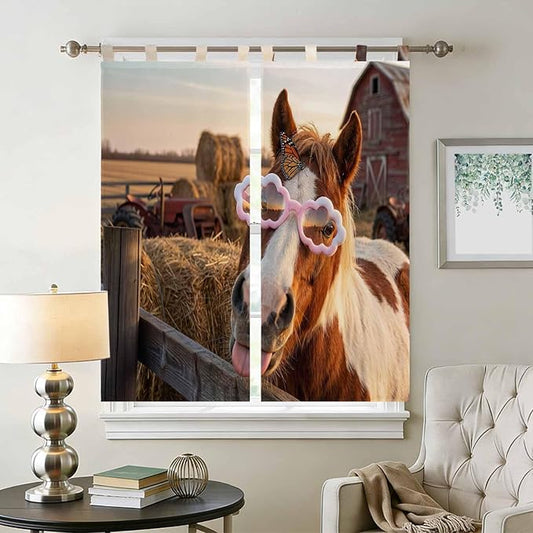 Farm Horses Living Room Curtains 84 Inch Length, Window Curtains Tab Top, Farmhouse Barn Funny Animals Butterfly Light Filtering Window Treatments Drapes 42"x84" 2 Panel