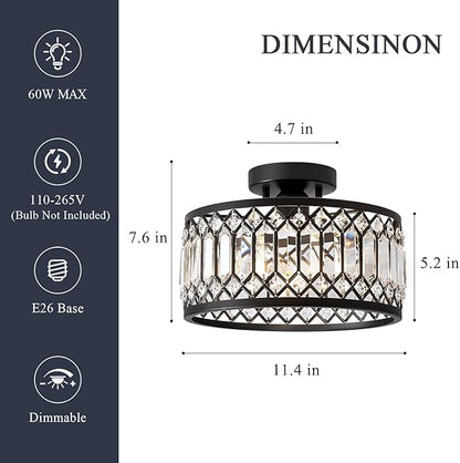 Crystal Black Ceiling Light, Modern Semi Flush Mount Ceiling Lighting Fixture, Round Hallway Lighting Fixtures for Kitchen Entryway Bedroom Laundry Room, 1-Light, 11.4 Inch