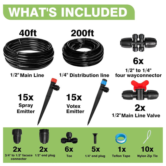 240FT Drip Irrigation System Kit New Quick-Connect, Automatic Garden Watering Misting System for Greenhouse, Yard, Lawn, Plant with 1/2 inch Hose 1/4 inch Distribution Tubing and Accessories